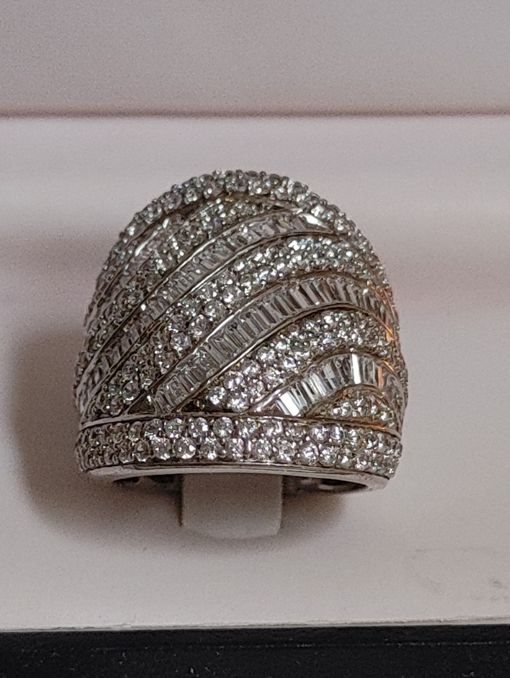 Pavé Dome Cocktail Ring - Sparkling Wave Design in Sterling Silver Sz 6.25-6.5